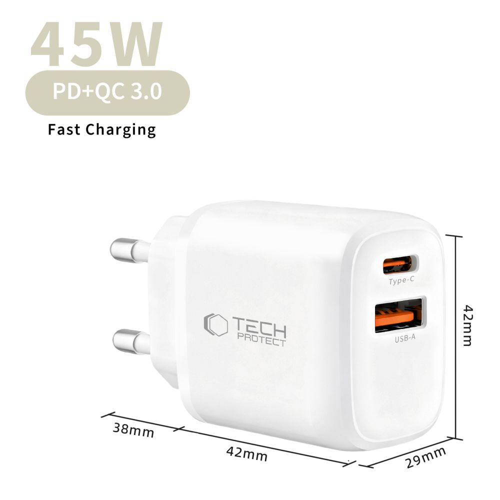 Netzladegerät Tech-Protect NCA45W, 45W, 3A, 1 x USB-A - 1 x USB-C, Weiß