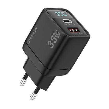 Netzladegerät Techsuit CH3 LEDChargX Display, 35W, 3A, 1 x USB-A - 1 x USB-C, Schwarz