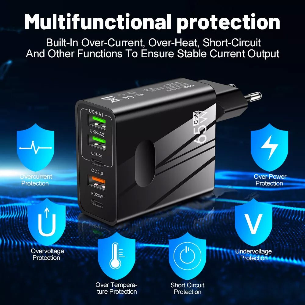 Netzladegerät Techsuit CHC1 PentaXPower, 25W, 3A, 3 x USB-A - 2 x USB-C, Schwarz