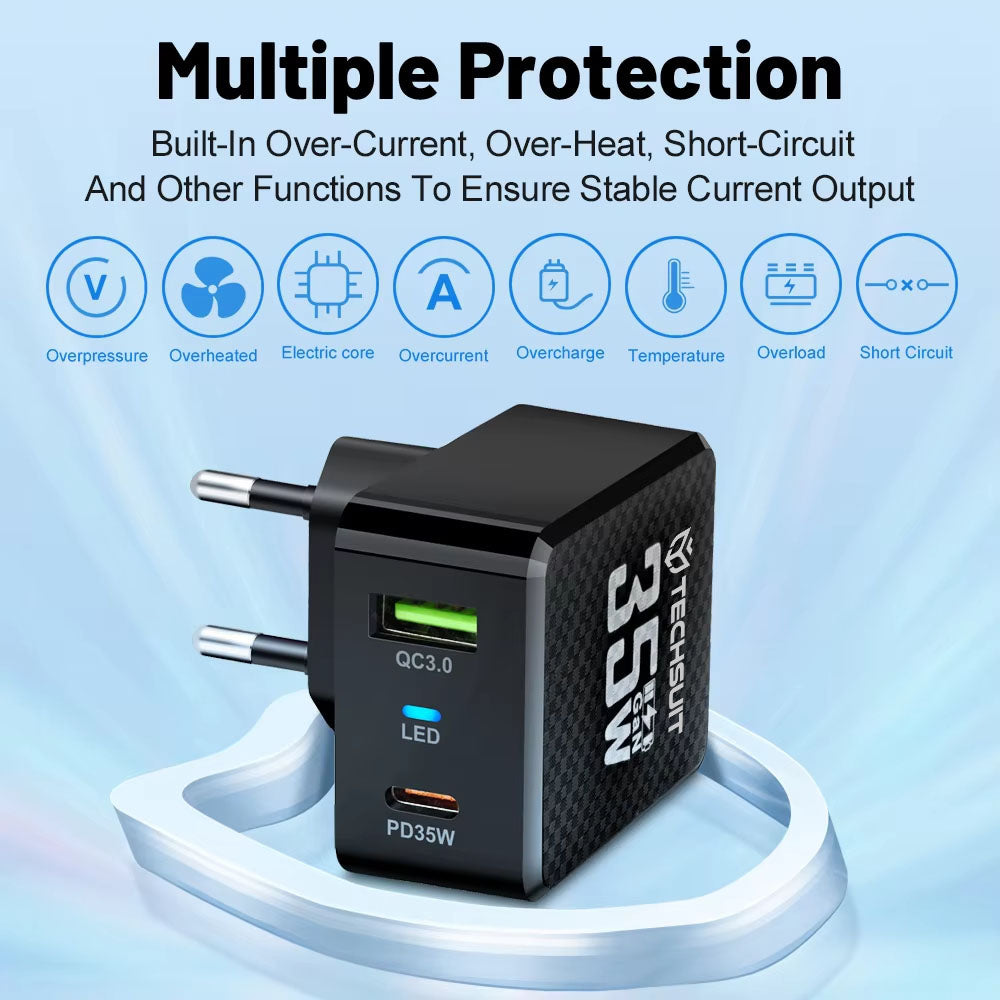 Netzladegerät Techsuit CHPD173 Tiny, 35W, 3A, 1 x USB-A - 1 x USB-C, Schwarz