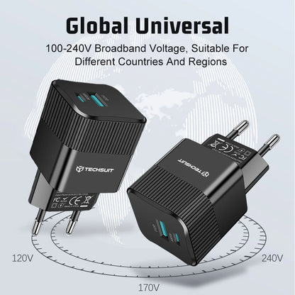 Chargeur Réseau Techsuit CHPD216 Tiny, 25W, 3A, 1 x USB-A - 1 x USB-C, Blanc