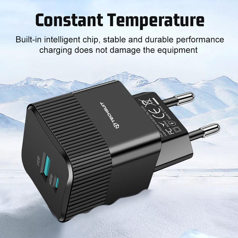 Netzladegerät Techsuit CHPD216 Tiny, 25W, 3A, 1 x USB-A - 1 x USB-C, Schwarz