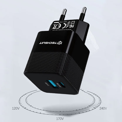 Netzladegerät Techsuit CHPD216 Tiny, 25W, 3A, 1 x USB-A - 1 x USB-C, Schwarz