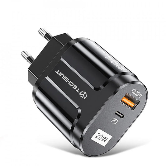 Chargeur Réseau Techsuit Premium, 20W, 3A, 1 x USB-A - 1 x USB-C, Noir CHPD038