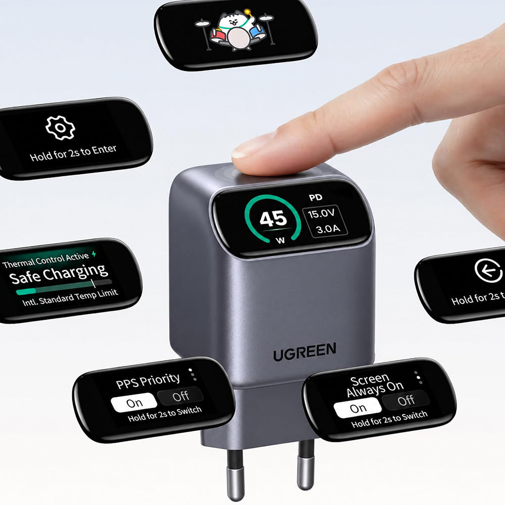 Chargeur secteur UGREEN Nexode Pro X740 (25419B) avec écran, 45 W, 3 A, 1 port USB-C, gris