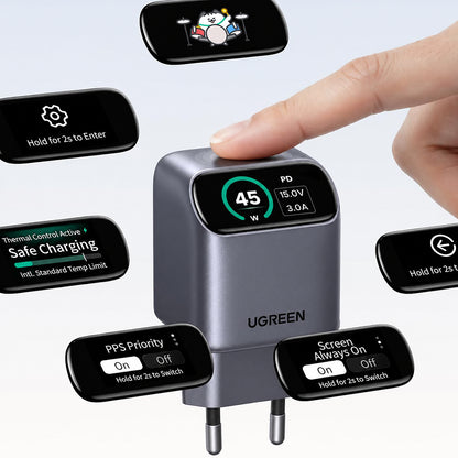 Chargeur secteur UGREEN Nexode Pro X740 (25419B) avec écran, 45 W, 3 A, 1 port USB-C, gris