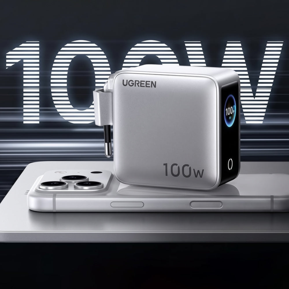 Chargeur secteur UGREEN Nexode Pro X772 (95942B) avec écran, 100 W, 5 A, 1 port USB-A et 3 ports USB-C, gris