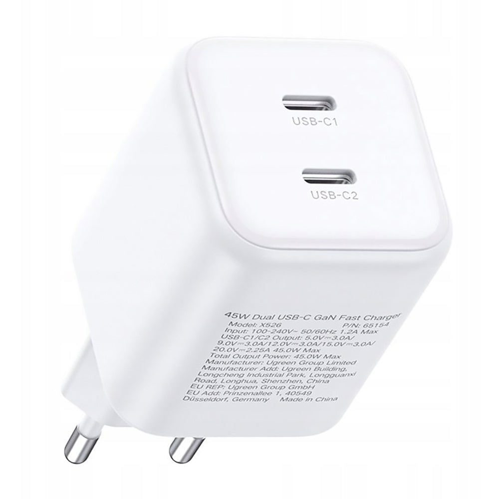 Chargeur secteur UGREEN X526 (65154), 45W, 3A, 2 x USB-C, Blanc