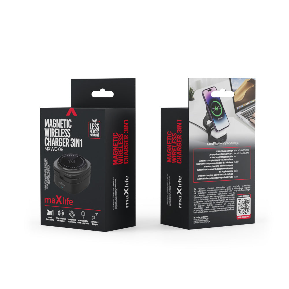 Chargeur Réseau Sans Fil MaXlife MXWC-06 3en1, 15W, 1.67A, Noir