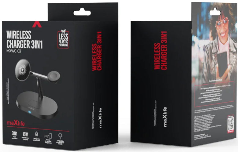 Chargeur Réseau Sans Fil MaXlife MXWC-03 3en1, 15W, 1.67A, Noir