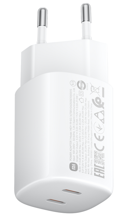 Chargeur secteur Xiaomi Nano Turbo, 45W, 3A, 2 x USB-C, Blanc BHR087OEU