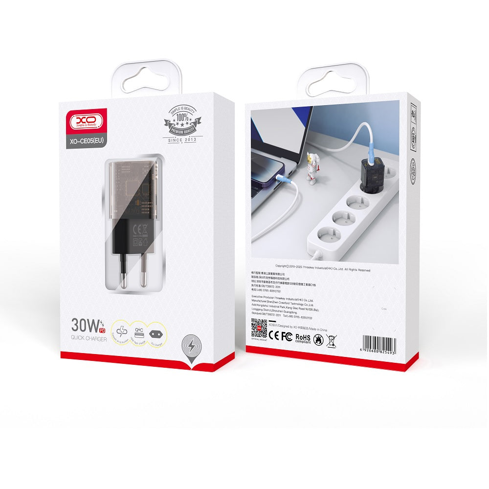 Chargeur Réseau XO Design CE05, 30W, 3A, 1 x USB-A - 1 x USB-C, Marron