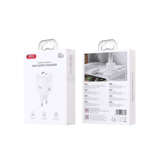 Netzladegerät XO Design CE36, 45W, 3A, 1 x USB-A - 1 x USB-C, Weiß
