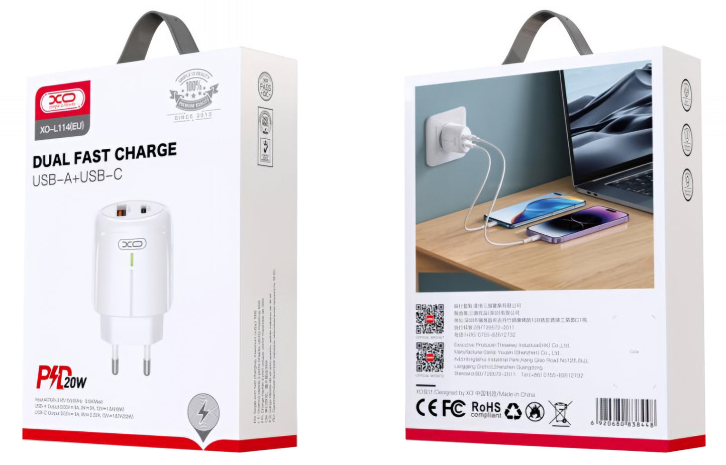 Chargeur Réseau XO Design L114, 20W, 3A, 1 x USB-A - 1 x USB-C, Blanc