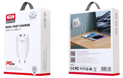 Chargeur Réseau XO Design L114, 20W, 3A, 1 x USB-A - 1 x USB-C, Blanc