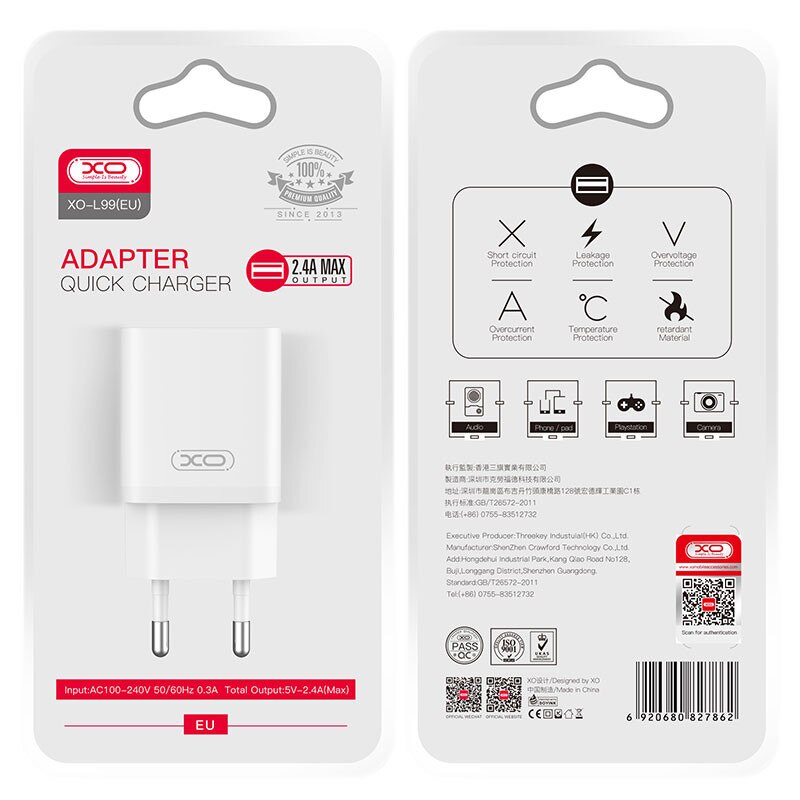 Chargeur Réseau XO Design L99, 12W, 2.4A, 1 x USB-A, Blanc