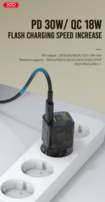 Chargeur Réseau XO Design CE05, 30W, 3A, 1 x USB-A - 1 x USB-C, Marron