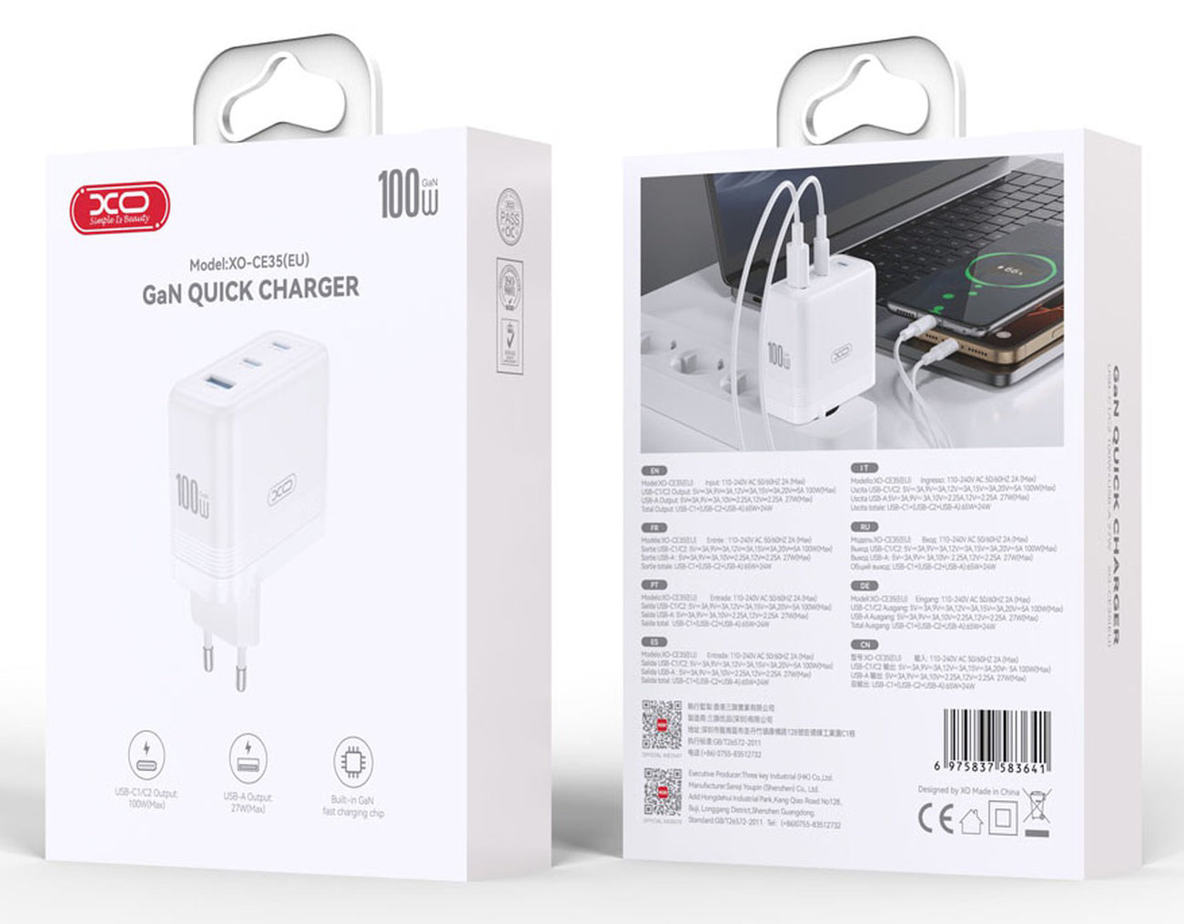 Chargeur Réseau XO Design CE35, 100W, 5A, 1 x USB-A - 2 x USB-C, Blanc
