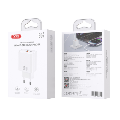 Chargeur secteur XO Design CE42, 30W, 3A, 1 x USB-A - 1 x USB-C, Blanc