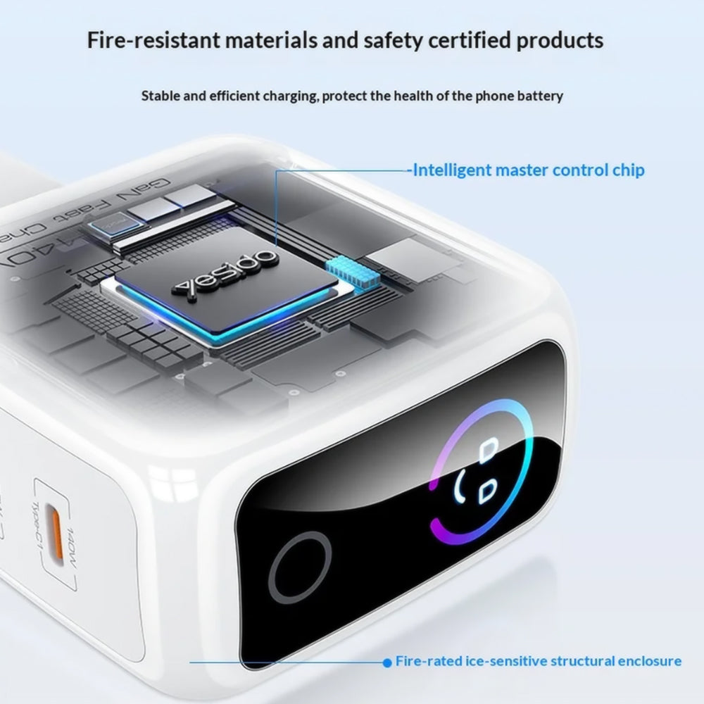 Netzladegerät Yesido YC114 Display, 140W, 5A, 1 x USB-A - 2 x USB-C, Weiß