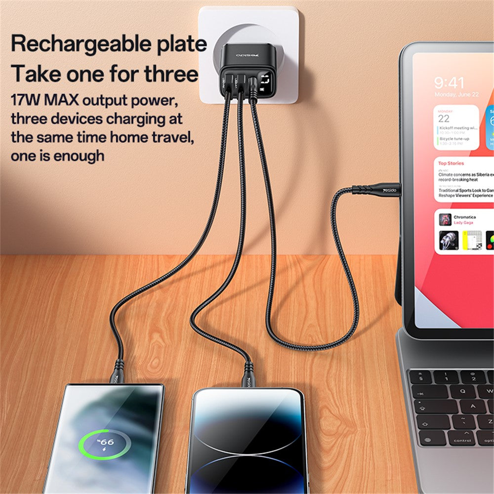 Netzladegerät Yesido YC67 Display, 17W, 2.4A, 2 x USB-A - 1 x USB-C, Schwarz