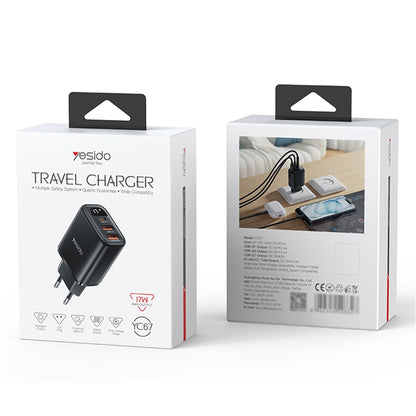Netzladegerät Yesido YC67 Display, 17W, 2.4A, 2 x USB-A - 1 x USB-C, Schwarz