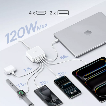 Baseus EnerFill FH21 Ladestation Ladegerät, 120W, 3,25A, 2 x USB-A - 4 x USB-C, Weiß E0120T01