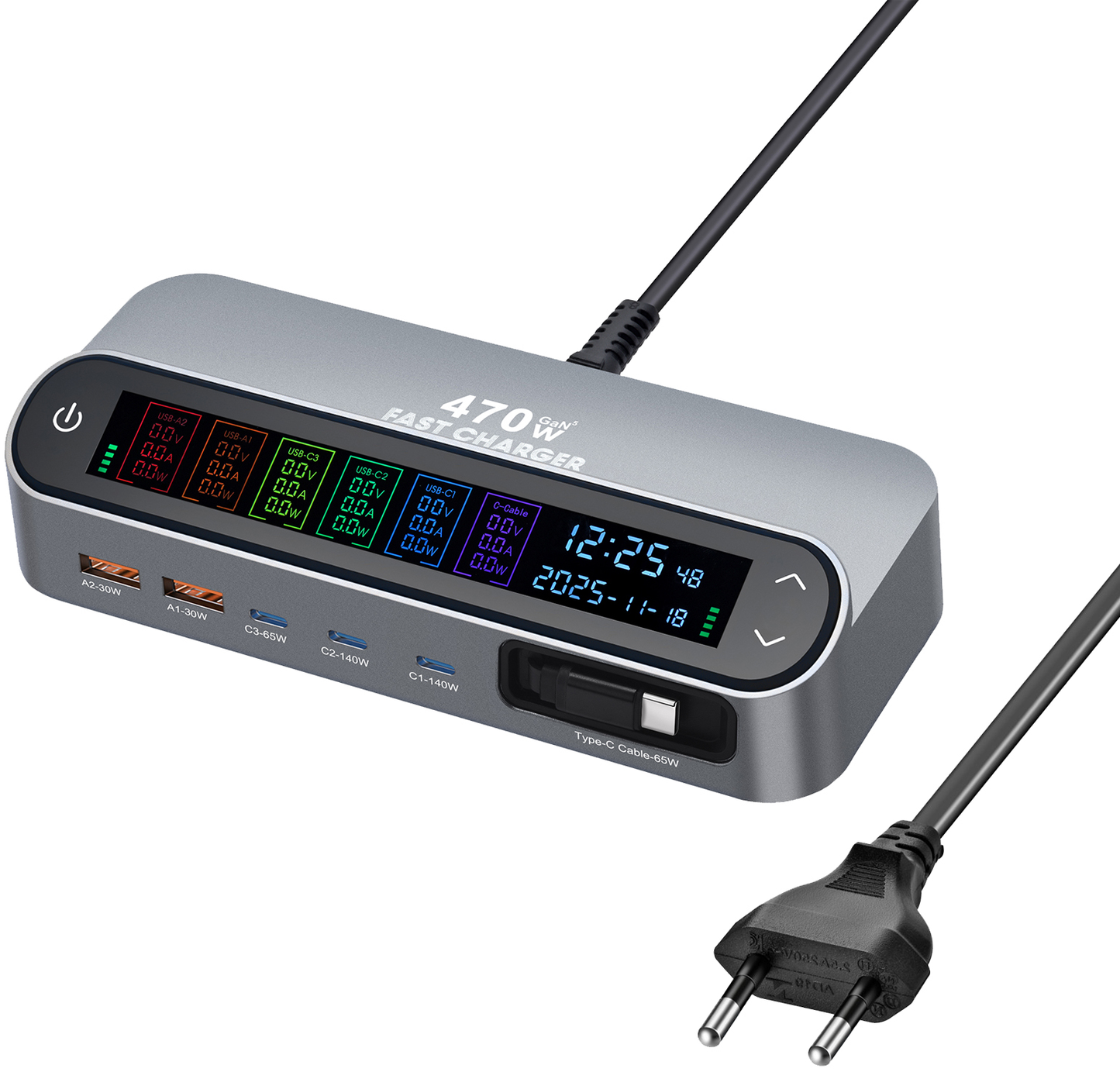 Station de charge avec câble USB-C OEM LCD470W, 470W, 5A, 2 x USB-A - 3 x USB-C, Gris