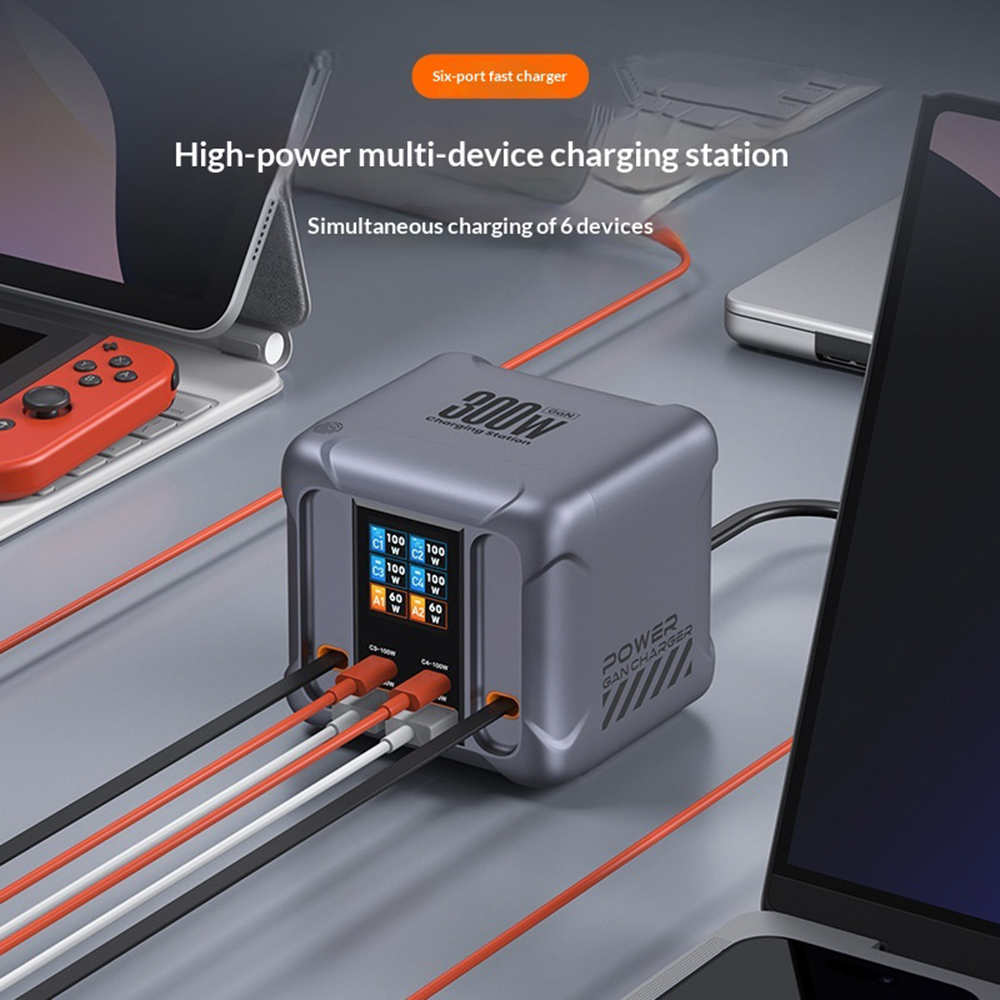 Station de Charge avec Câble USB-C OEM HW866, 300W, 5A, 2 x USB-A - 2 x USB-C, Gris