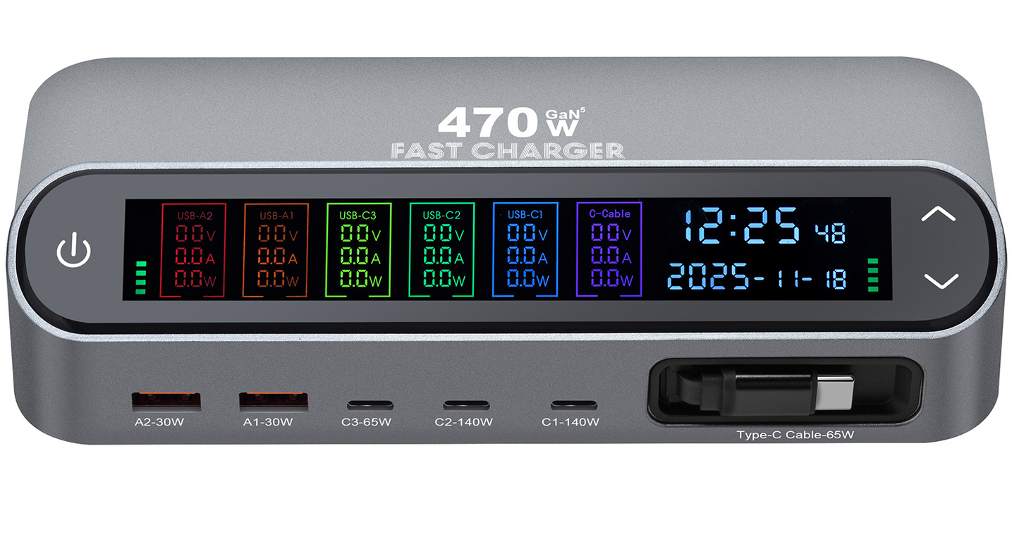 Station de charge avec câble USB-C OEM LCD470W, 470W, 5A, 2 x USB-A - 3 x USB-C, Gris