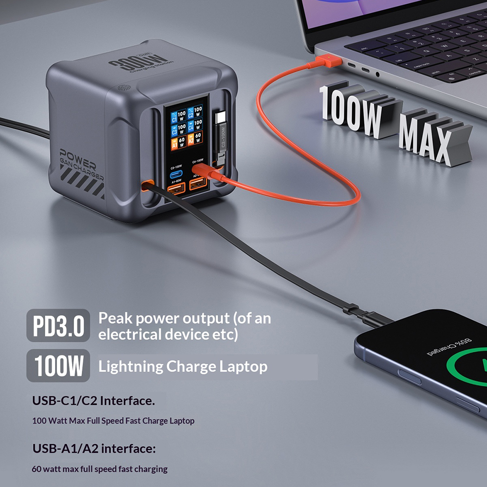 Station de Charge avec Câble USB-C OEM HW866, 300W, 5A, 2 x USB-A - 2 x USB-C, Gris