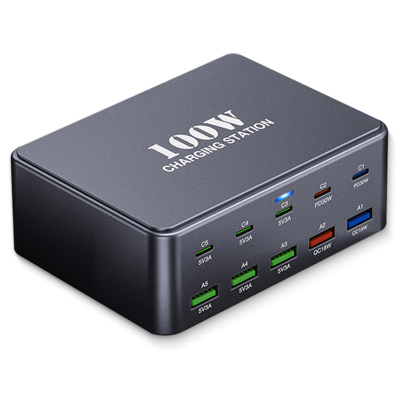 Chargeur Station OEM HW33, 100W, 3A, 5 x USB-A - 5 x USB-C, Gris