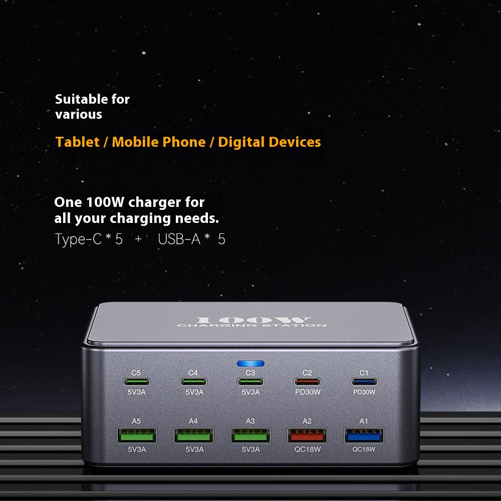 Chargeur Station OEM HW33, 100W, 3A, 5 x USB-A - 5 x USB-C, Gris