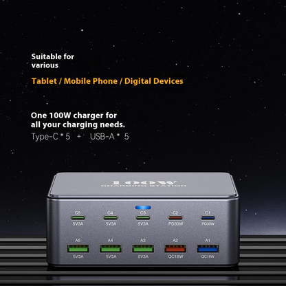 Chargeur Station OEM HW33, 100W, 3A, 5 x USB-A - 5 x USB-C, Gris