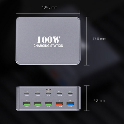 Chargeur Station OEM HW33, 100W, 3A, 5 x USB-A - 5 x USB-C, Gris