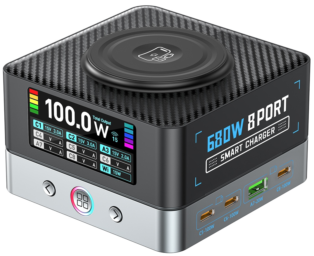 Chargeur Station OEM WLX-R8A QI, 140W, 5A, 2 x USB-A - 6 x USB-C, Gris