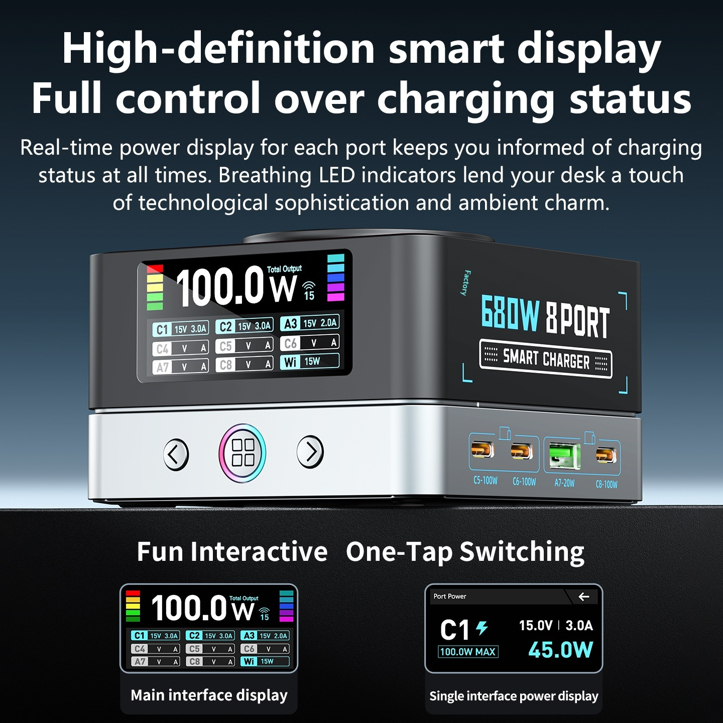 Chargeur Station OEM WLX-R8A QI, 140W, 5A, 2 x USB-A - 6 x USB-C, Gris