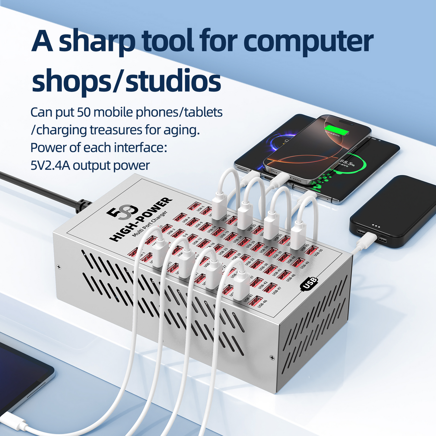 OEM-Ladestation WLX-T2A, 200W, 2,4A, 50 x USB-A, Silber