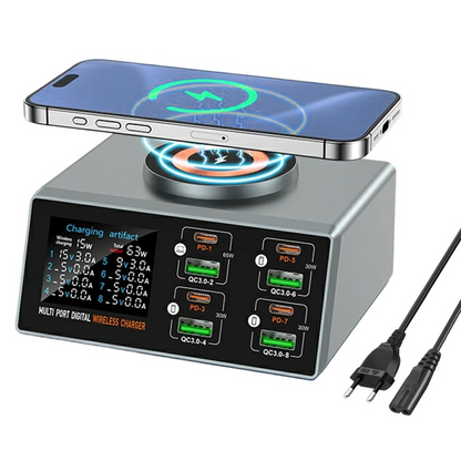 Station de charge OEM WLX-X9S QI, 140W, 3A, 4 x USB-A - 4 x USB-C, Argent