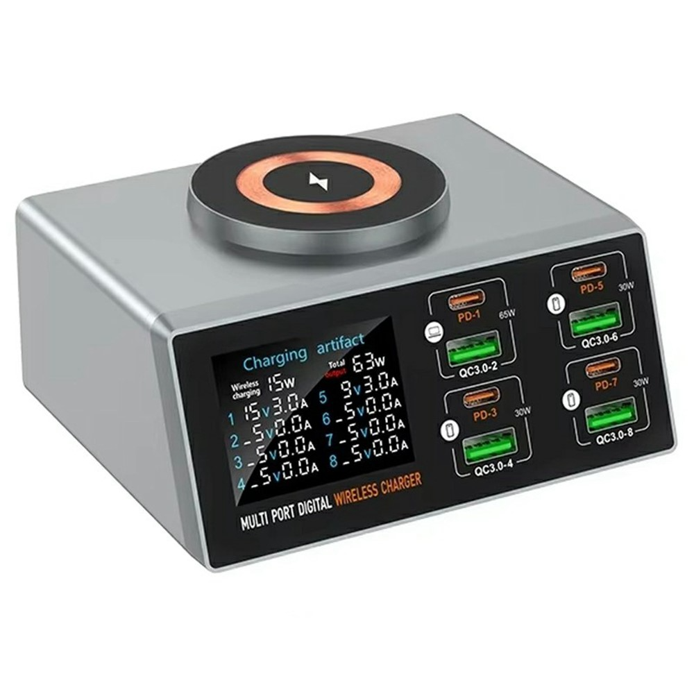 Station de charge OEM WLX-X9S QI, 140W, 3A, 4 x USB-A - 4 x USB-C, Argent