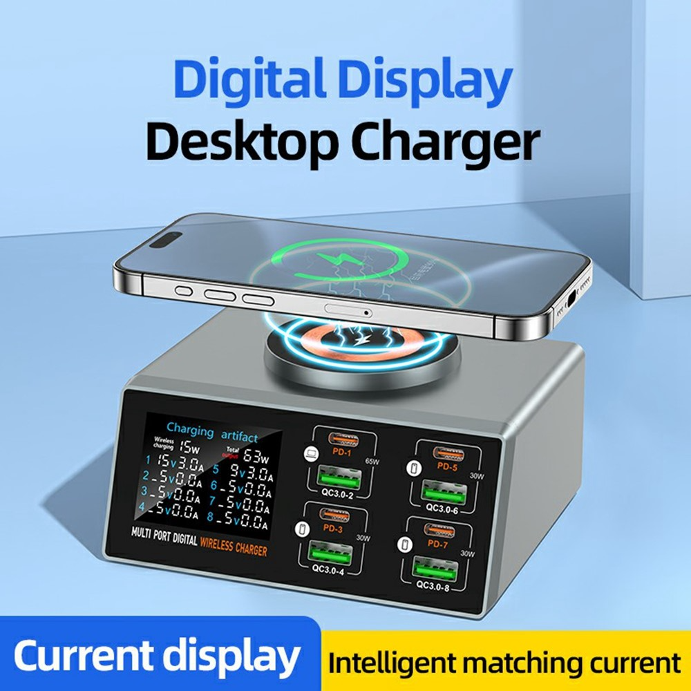 Station de charge OEM WLX-X9S QI, 140W, 3A, 4 x USB-A - 4 x USB-C, Argent