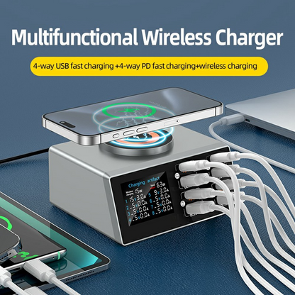 Station de charge OEM WLX-X9S QI, 140W, 3A, 4 x USB-A - 4 x USB-C, Argent