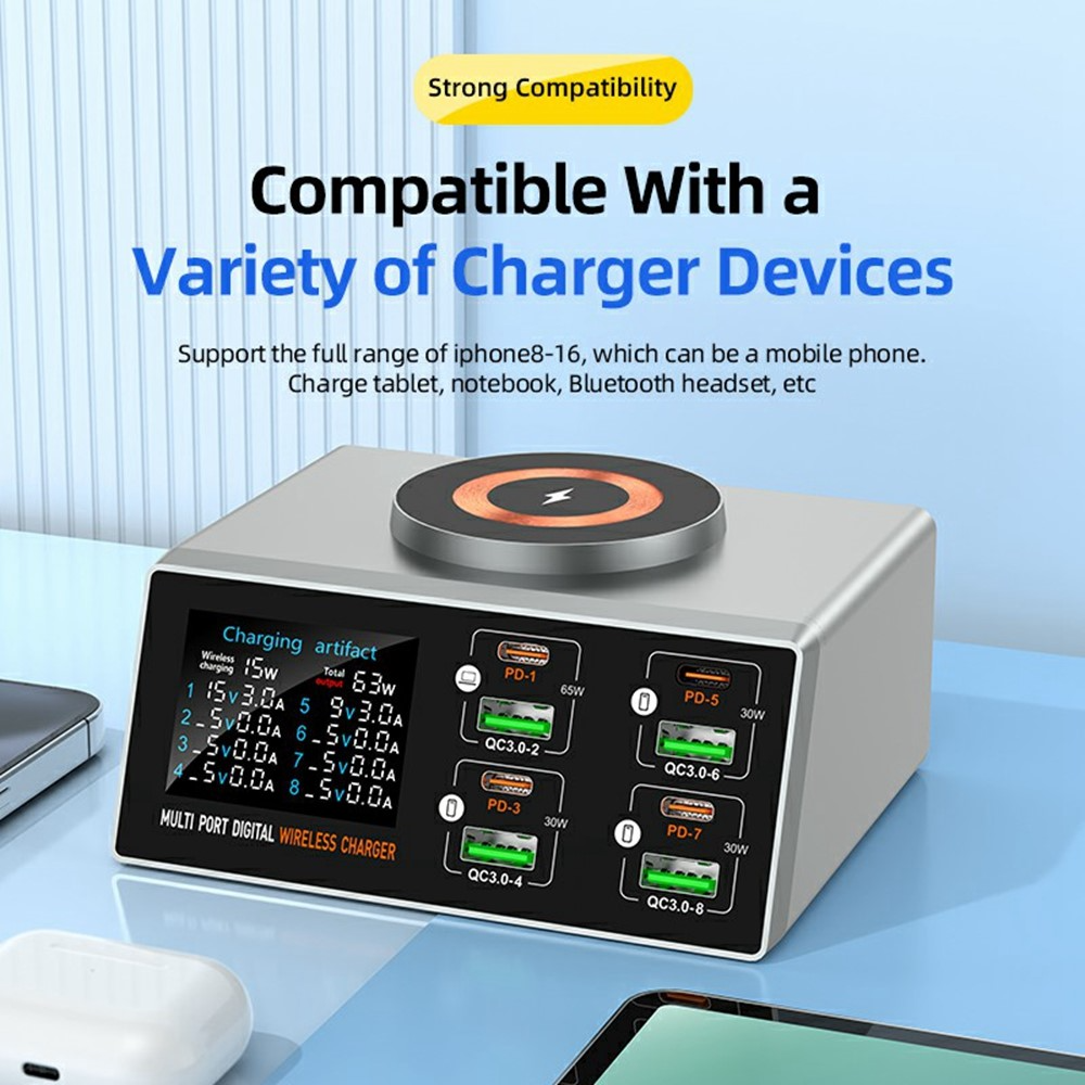 Station de charge OEM WLX-X9S QI, 140W, 3A, 4 x USB-A - 4 x USB-C, Argent