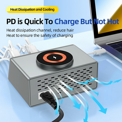 Station de charge OEM WLX-X9S QI, 140W, 3A, 4 x USB-A - 4 x USB-C, Argent
