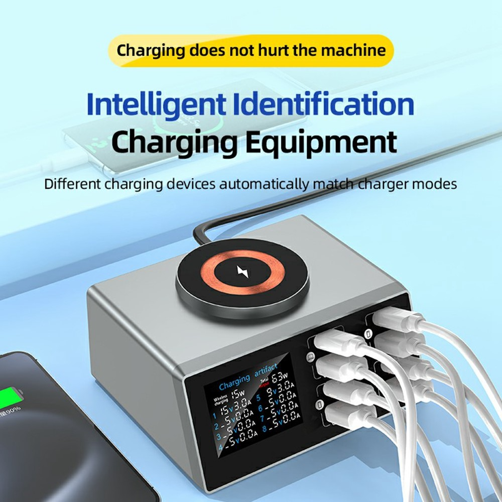 Station de charge OEM WLX-X9S QI, 140W, 3A, 4 x USB-A - 4 x USB-C, Argent