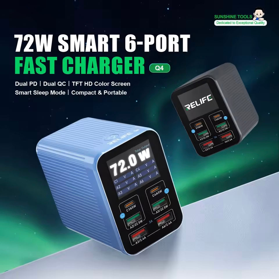 Chargeur Station Relife Q4, 72W, 5A, 2 x USB-C - 4 x USB-A, Bleu