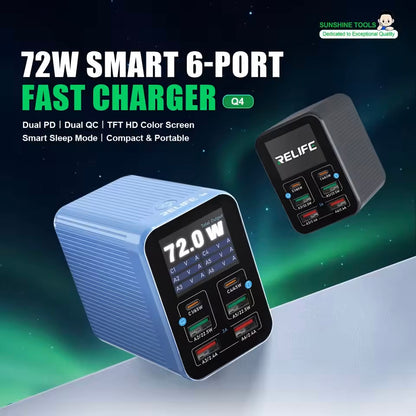 Chargeur Station Relife Q4, 72W, 5A, 2 x USB-C - 4 x USB-A, Bleu