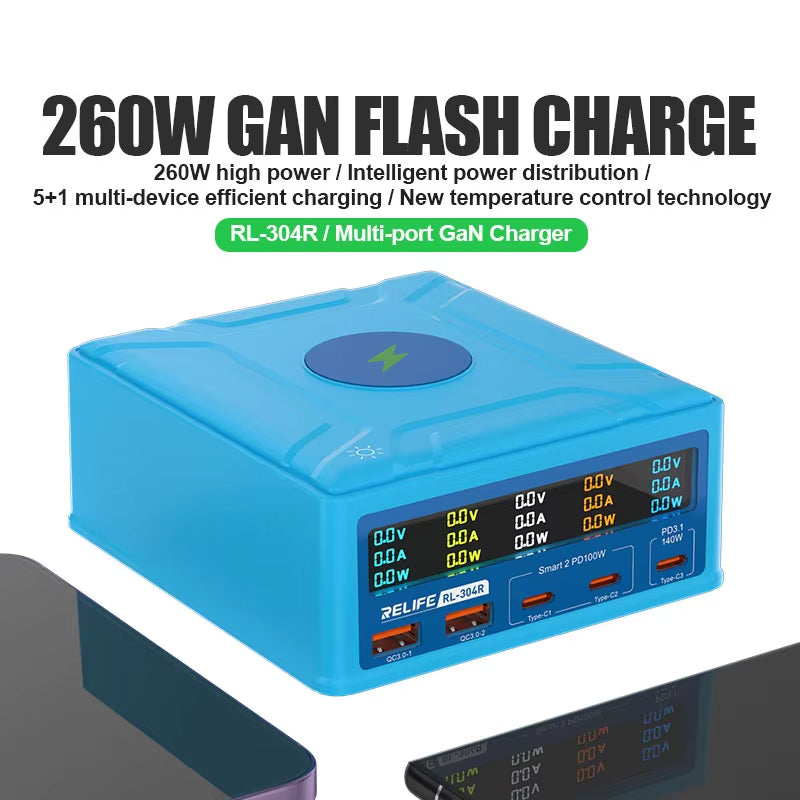 Ladestation Relife RL-304R QI, 260W, 3A, 2 x USB-A - 3 x USB-C, Blau