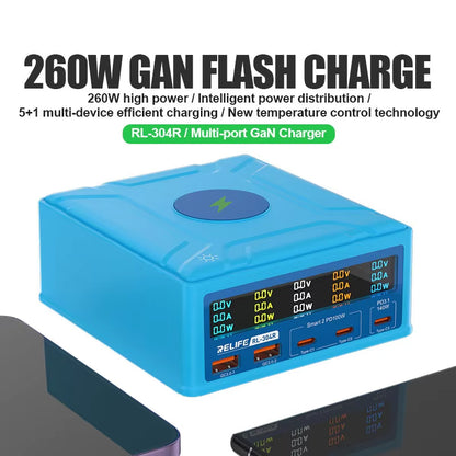 Ladestation Relife RL-304R QI, 260W, 3A, 2 x USB-A - 3 x USB-C, Blau