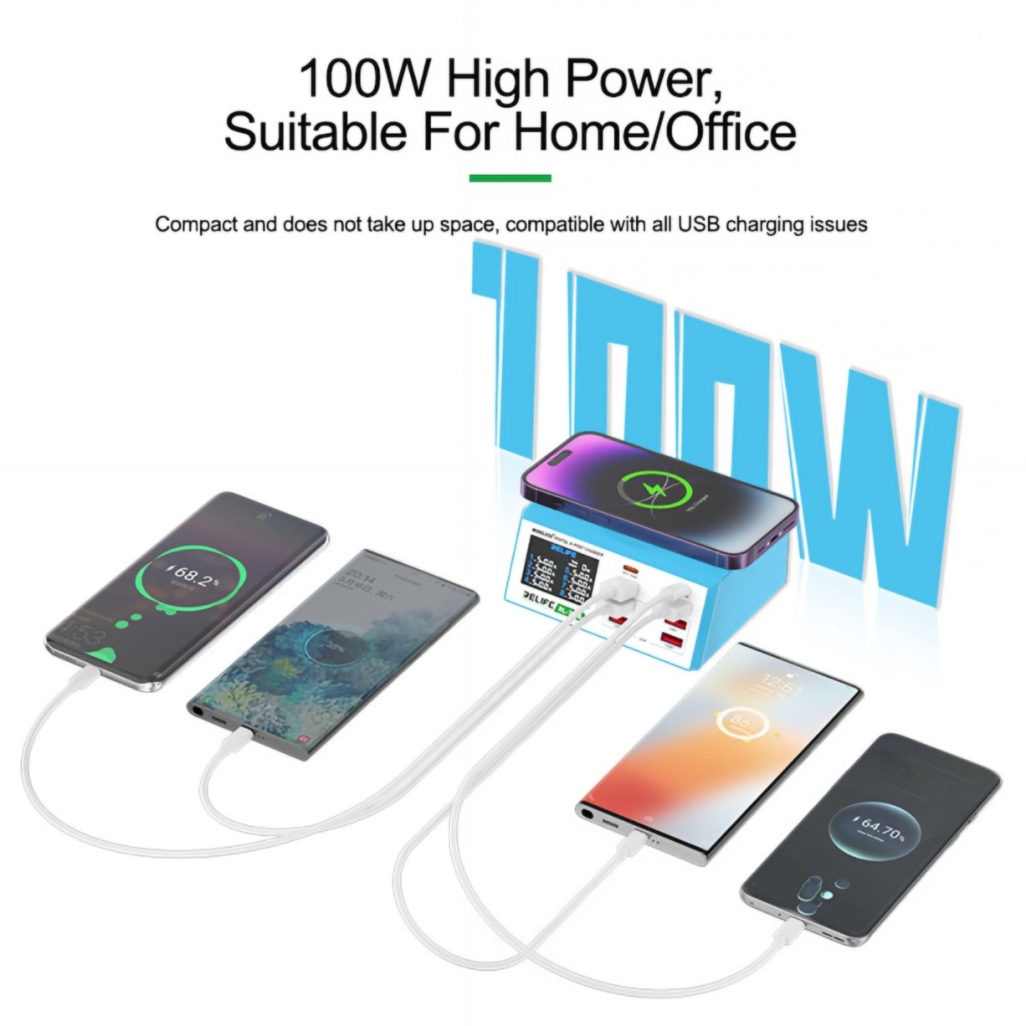 Ladestation Relife RL-309AW, 100W, 5A, 2 x USB-C - 6 x USB-A, Blau